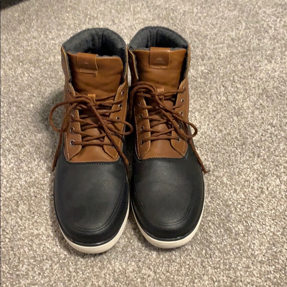 Aldo navy blue boots with brown trim